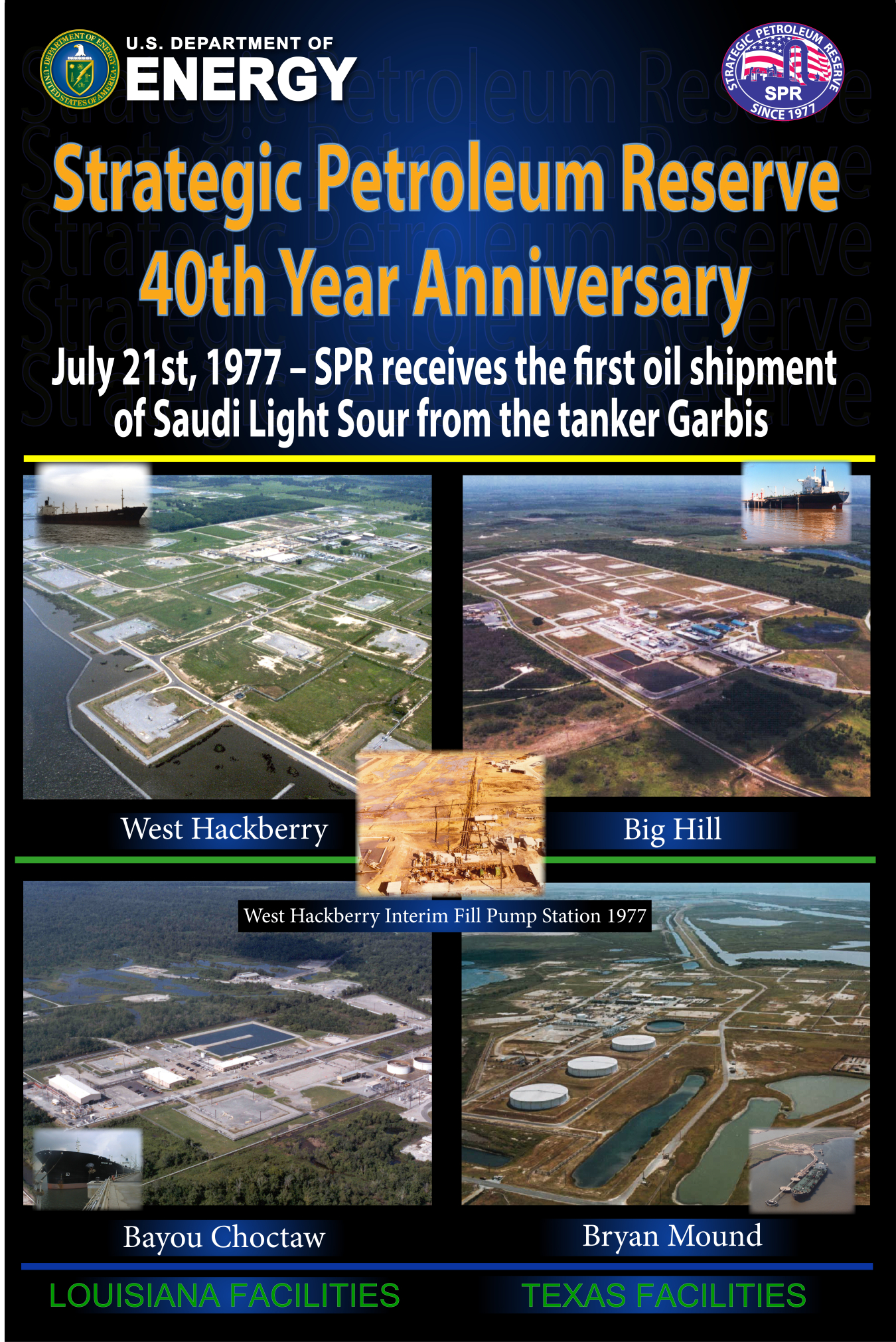 This July marks the Strategic Petroleum Reserve’s (SPR) 40th anniversary of its first oil delivery, and the U.S. Department of Energy (DOE) is observing this important milestone across the SPR’s four storage sites in Louisiana and Texas.