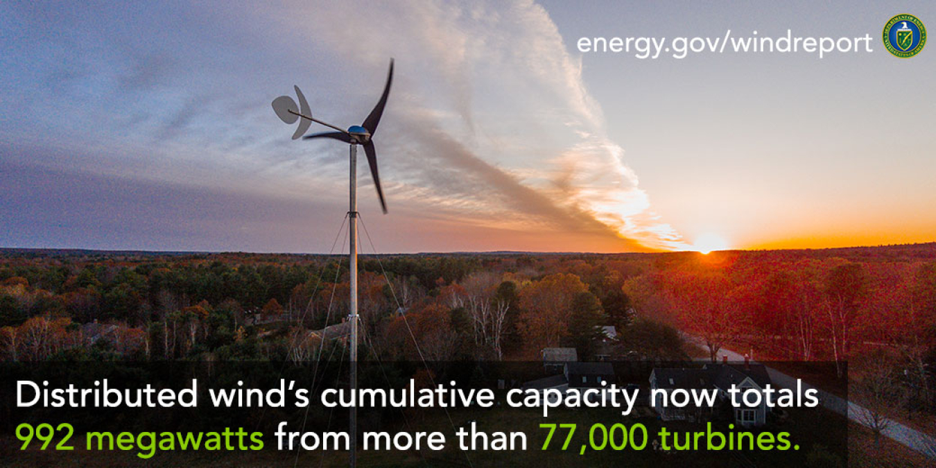 A small wind turbine over a small town.