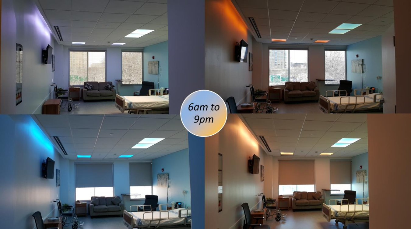 Four photos of a patient room with color-tunable lighting.