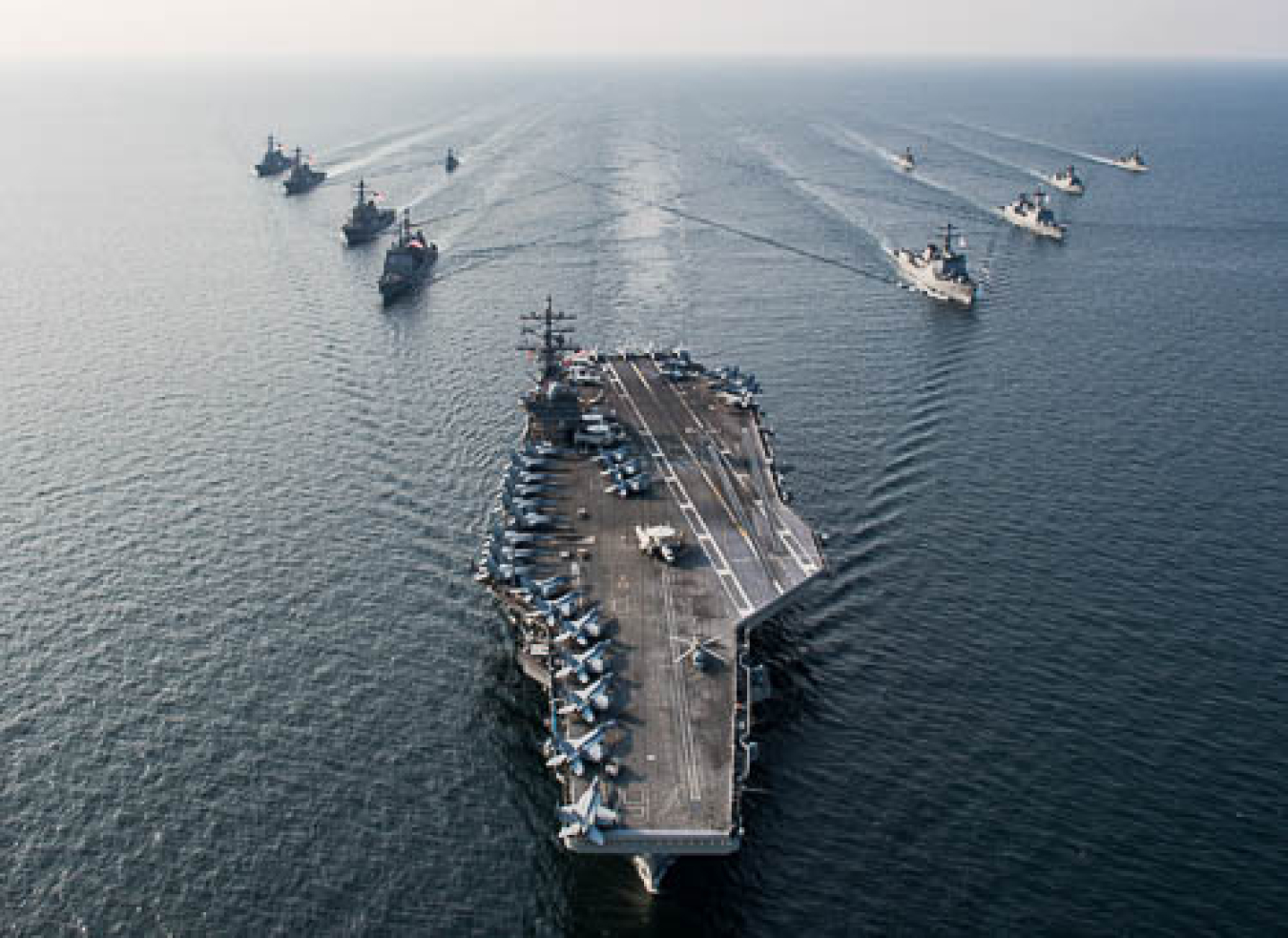 A U.S. Navy nuclear-powered aircraft carrier accompanied by its strike group