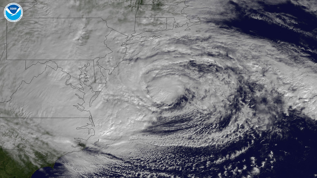Image of Hurricane Sandy hitting the coast of the United States.