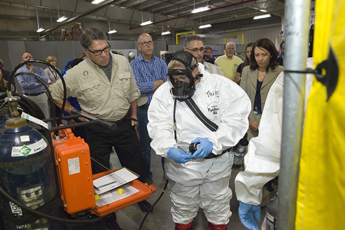 Energy Secretary Rick Perry observes a demonstration of equipment and training at the Volpentest Hazardous Materials Management and Emergency Response Federal Training Facility.