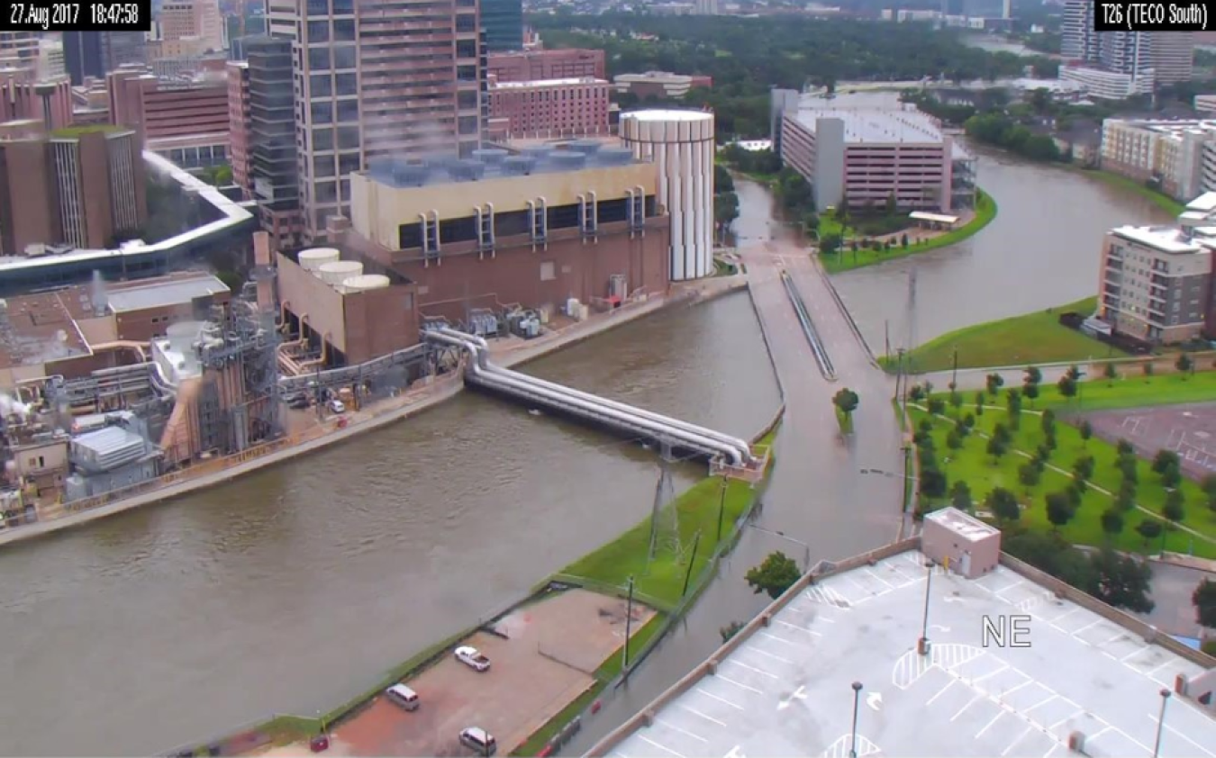 Brays Bayou next to the TECO CHP installation during flooding caused by Hurricane Harvey in August 2017. (Photo courtesy TECO)