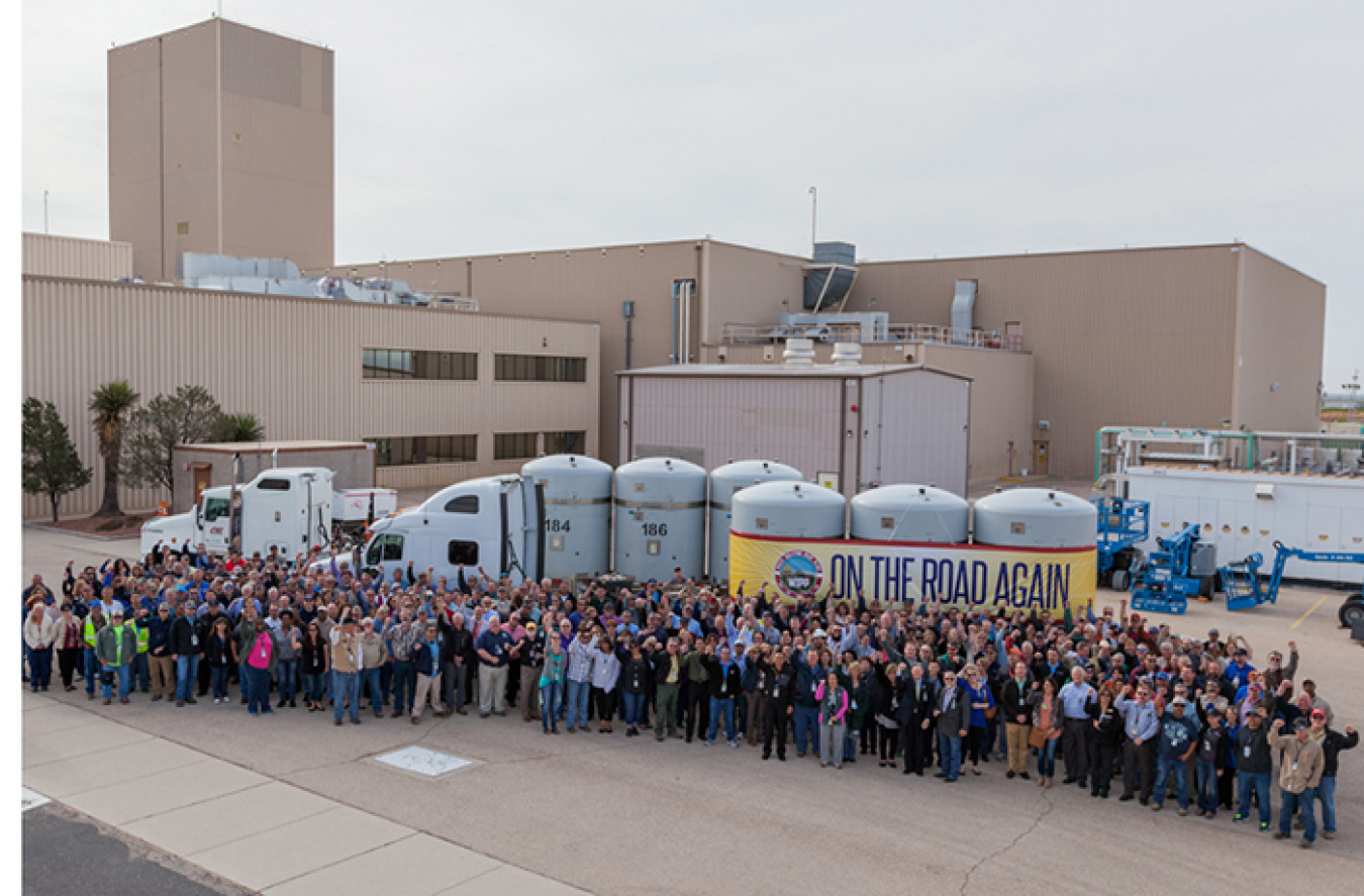 Waste Isolation Pilot Plant employees pose for a photo to celebrate the resumption of transuranic waste shipments to the facility.