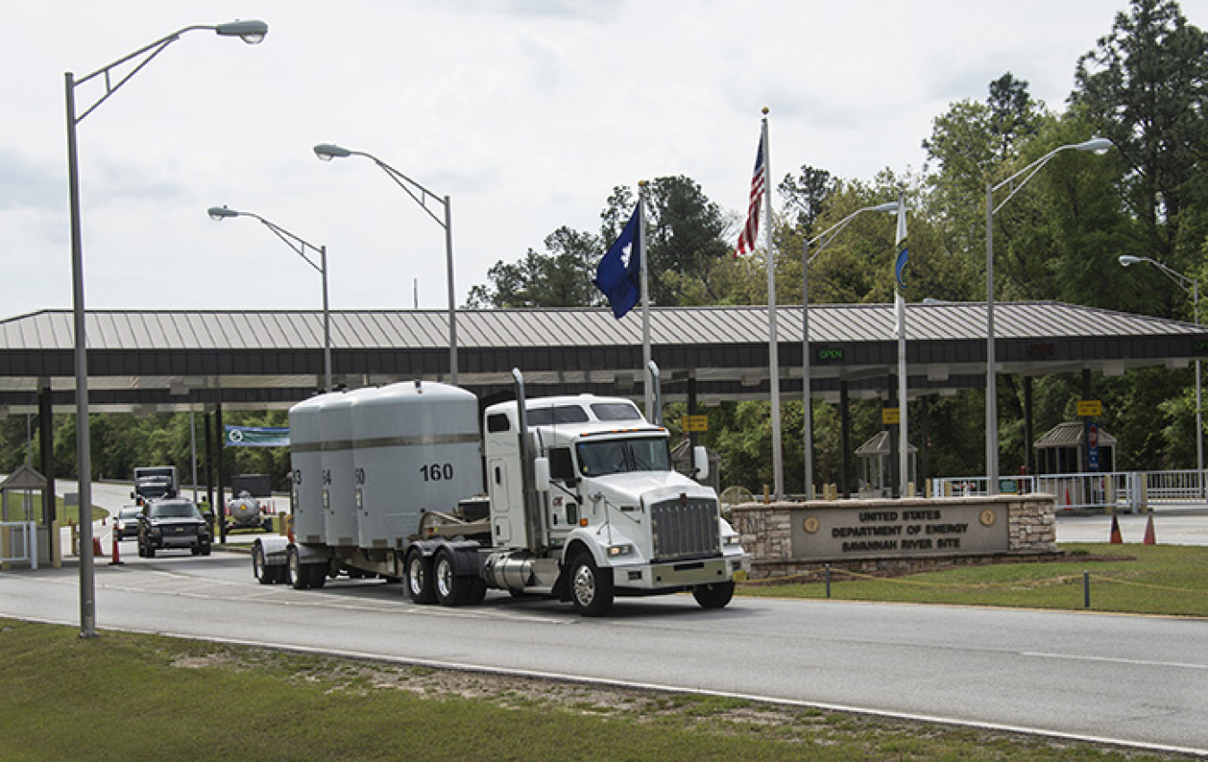 A transuranic waste shipment departs the Savannah River Site en route to the Waste Isolation Pilot Plant.