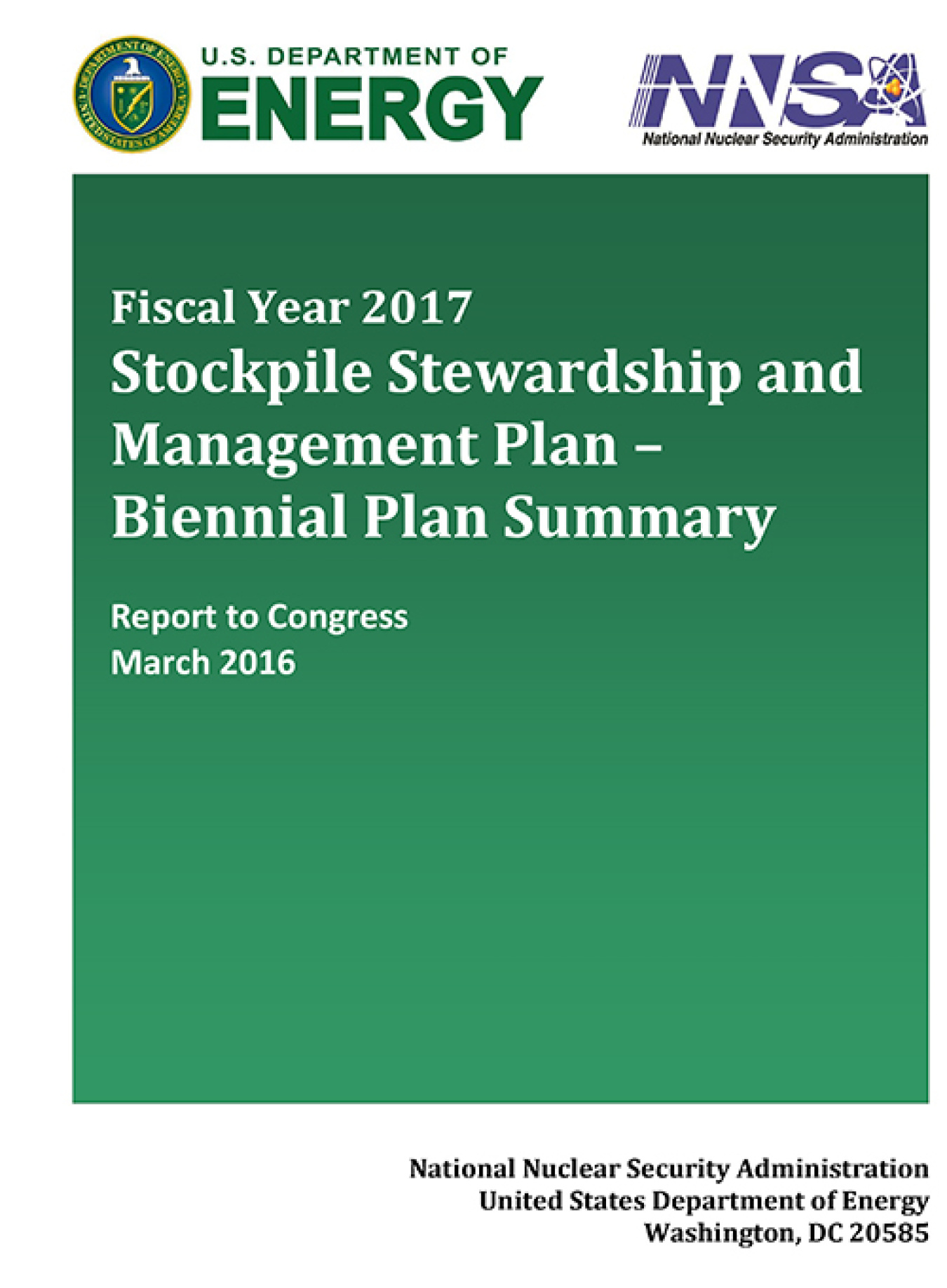 Cover of NNSA's FY2017 SSMP report