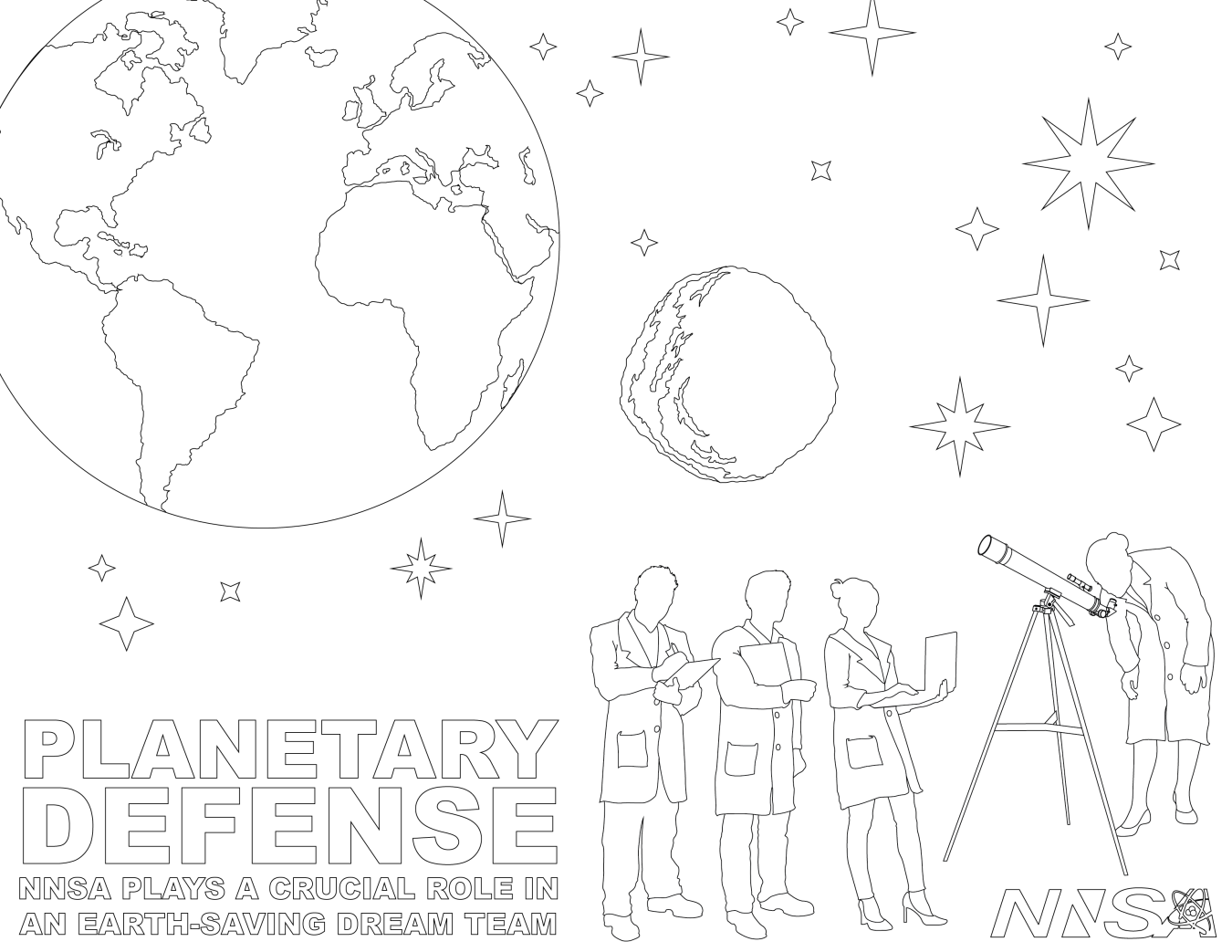 Coloring page for kids using imagery from the Planetary Defense video series