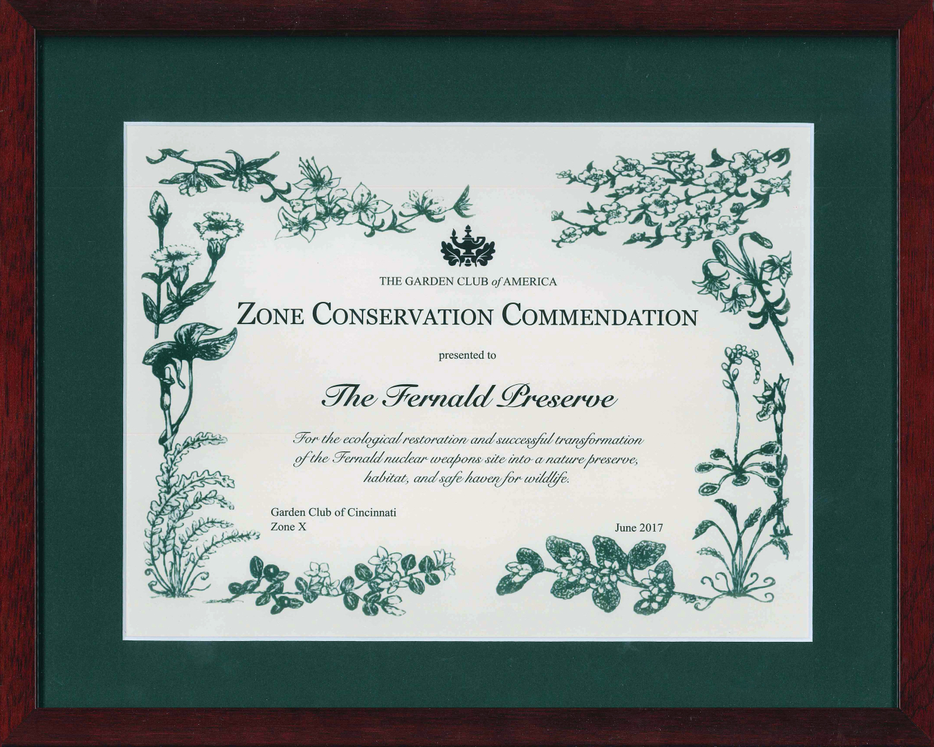 The Garden Club of America Zone Conservation Commendation.