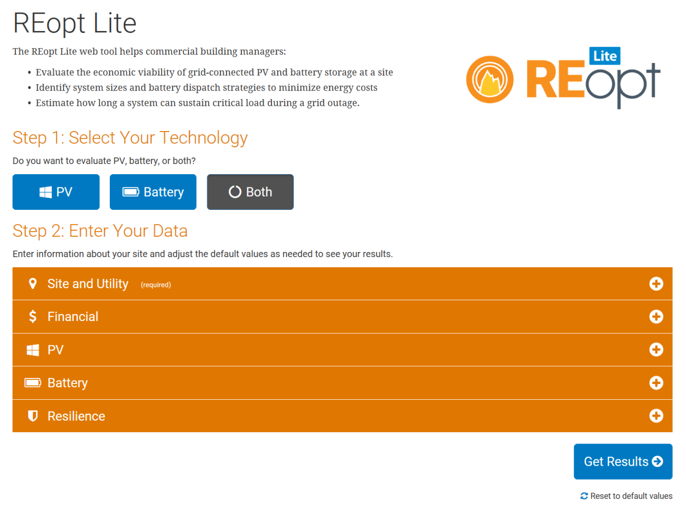 A screenshot of the REopt Lite web tool.