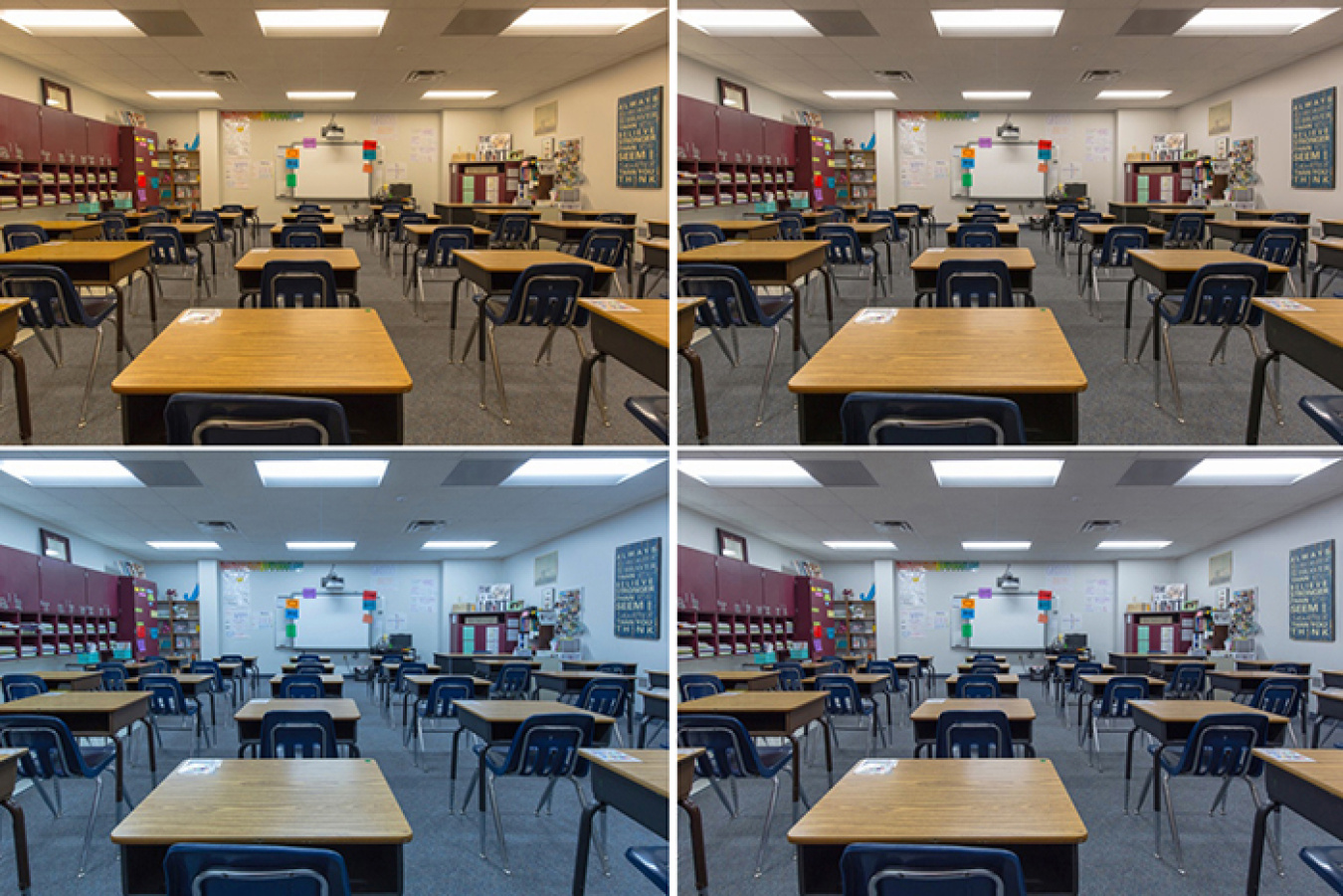 Four photos of a classroom with different tunable light settings.