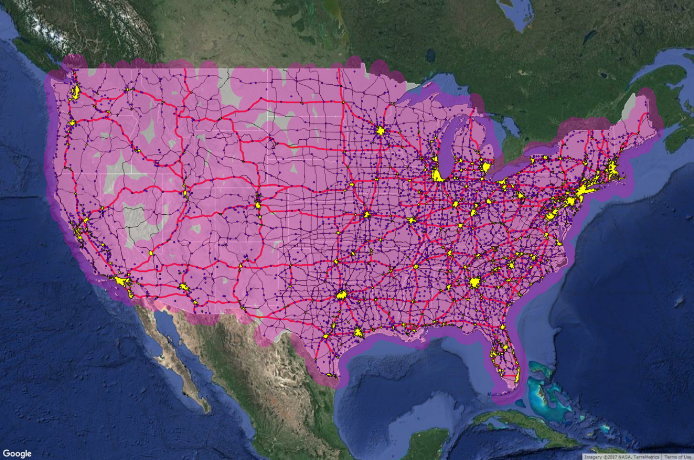 Map of the United States that project future charging stations for fast-charging nationwide.