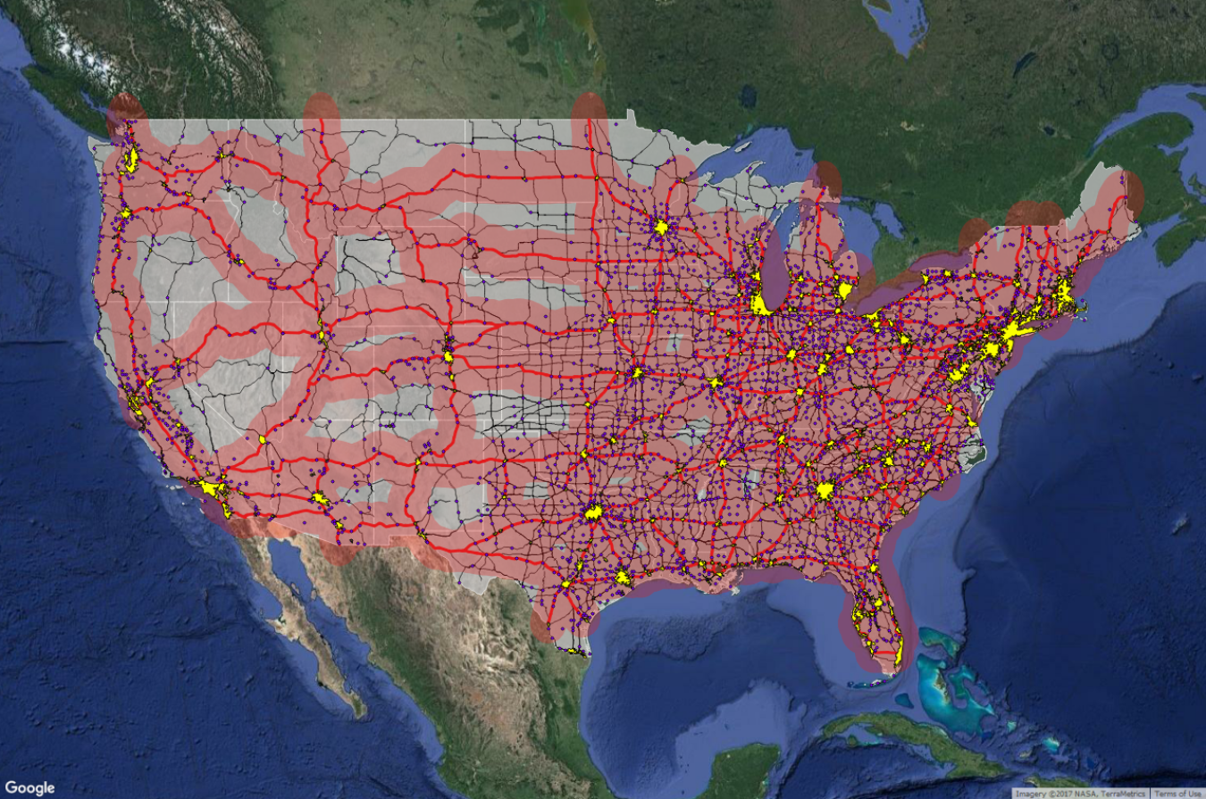 Map of the United States that shows the future of charging infrastructure by U.S. highway system