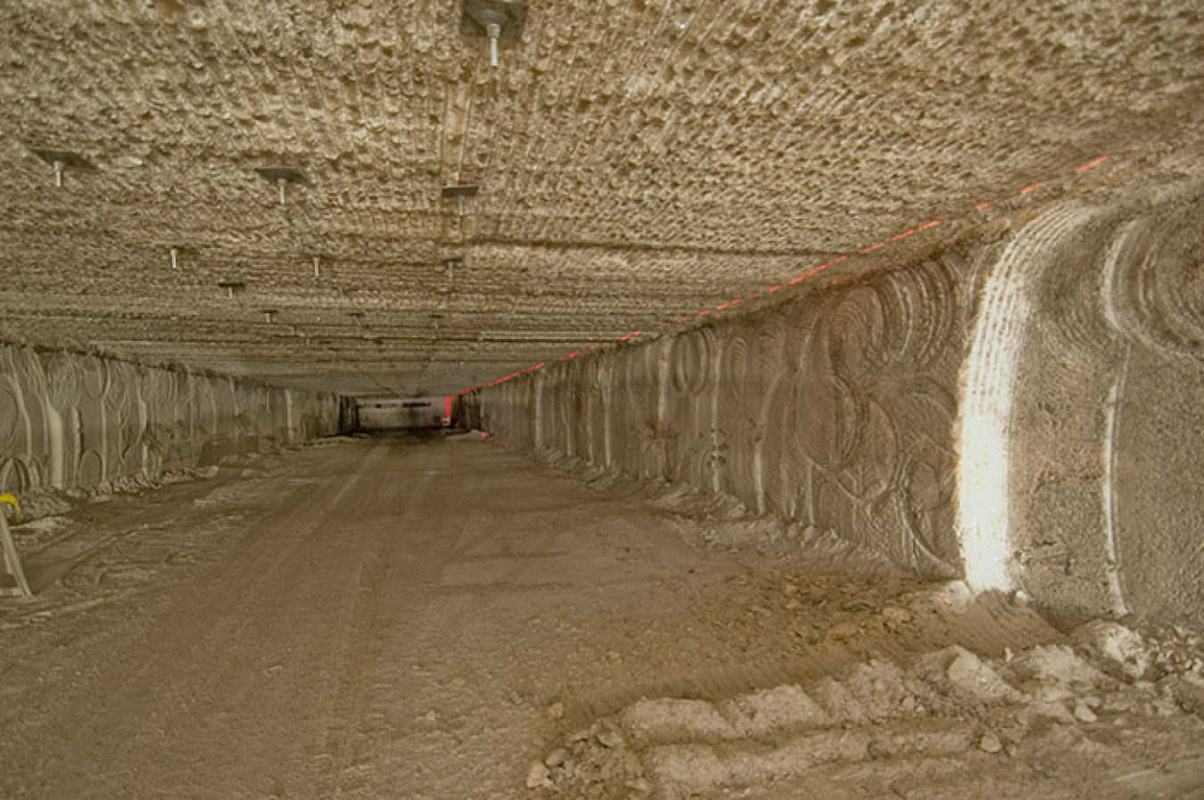 A finished disposal room ready to receive waste drums. Each room can hold more than 10,000, 55-gallon drums. There are seven rooms per panel.