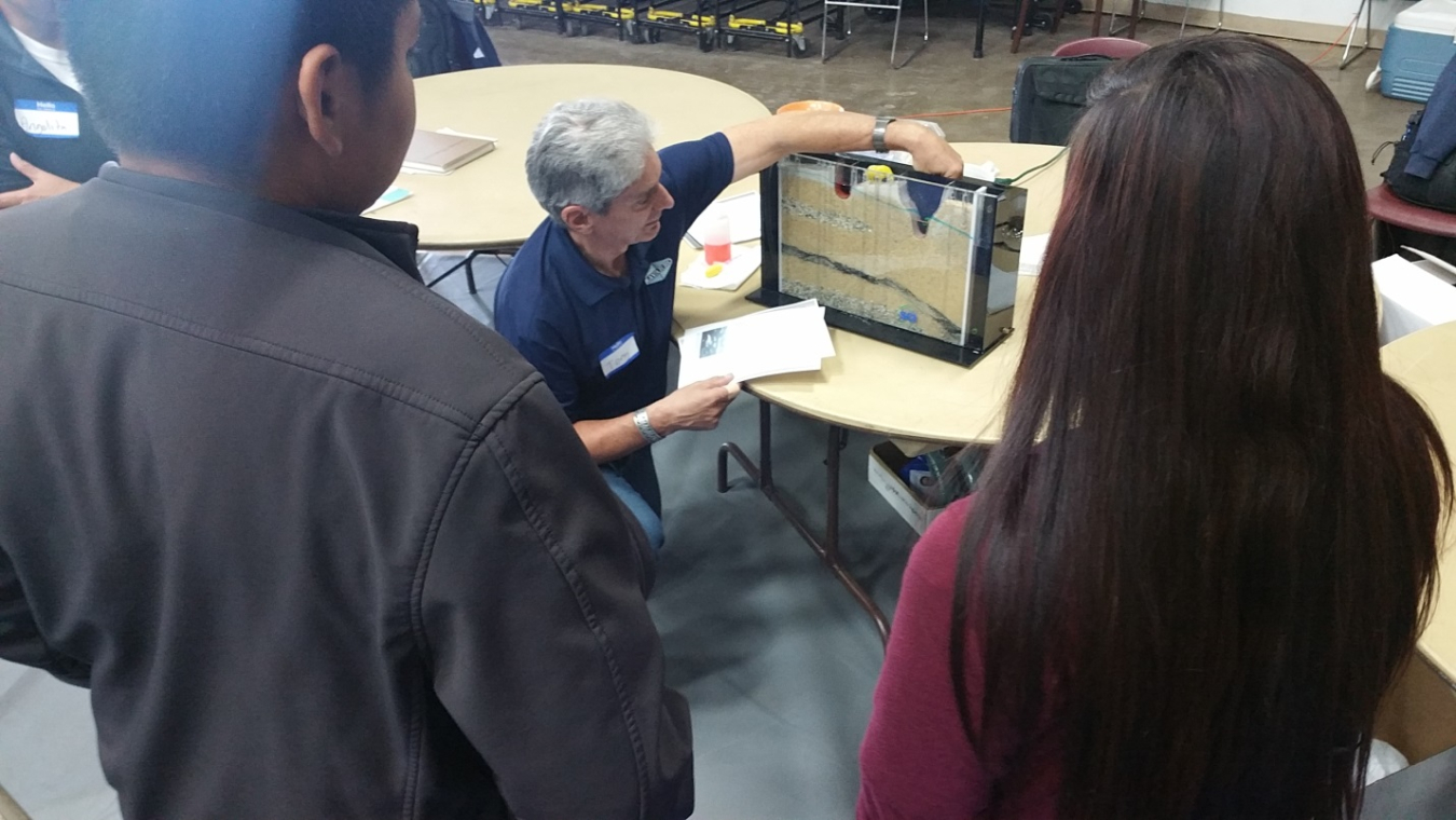 Students learn groundwater concepts with a 3-D model.