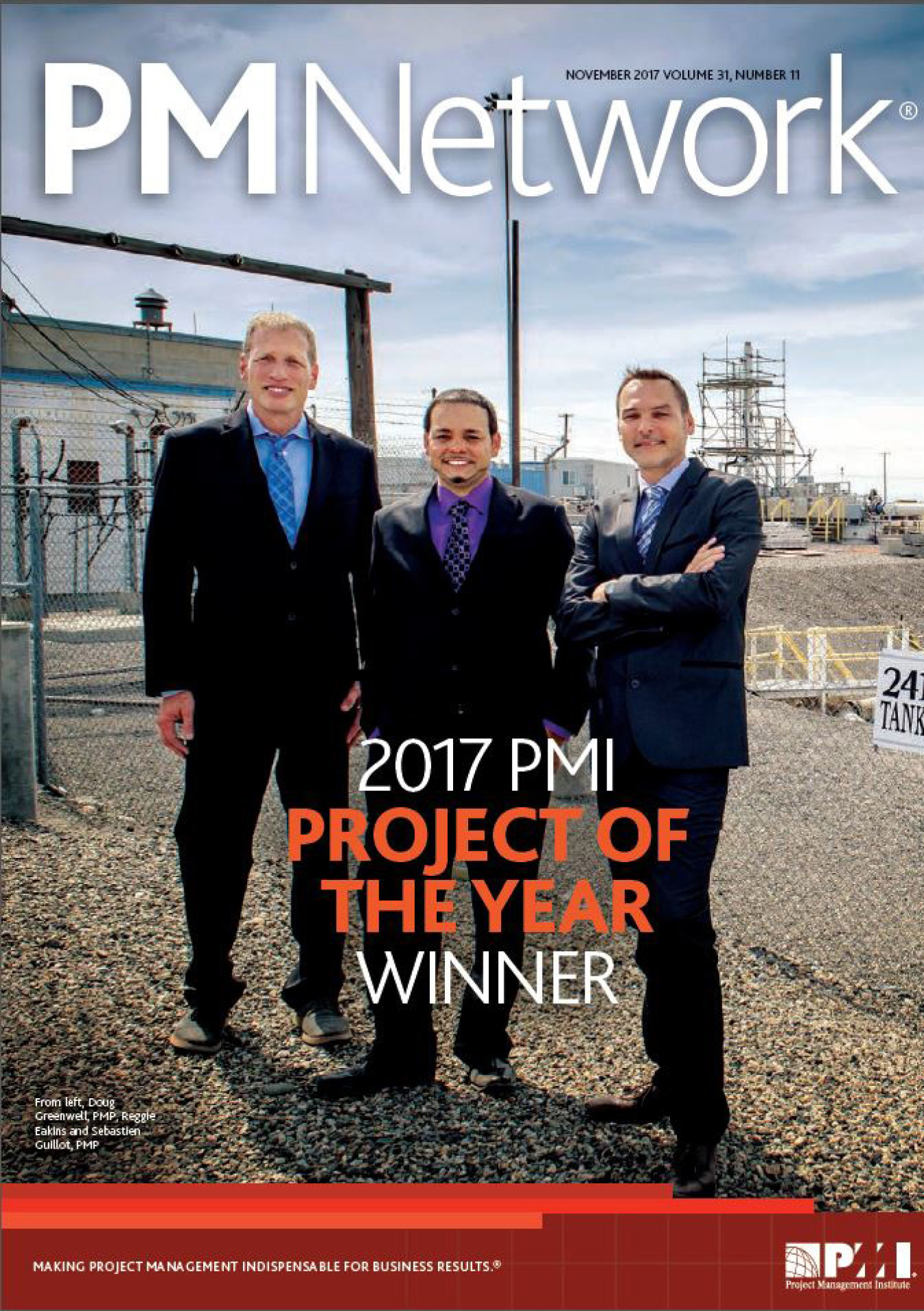 The project team was led by, from left, Doug Greenwell with Hanford tank farms contractor Washington River Protection Solutions (WRPS), Reggie Eakins Jr. of the EM Office of River Protection, and Sebastien Guillot, WRPS.