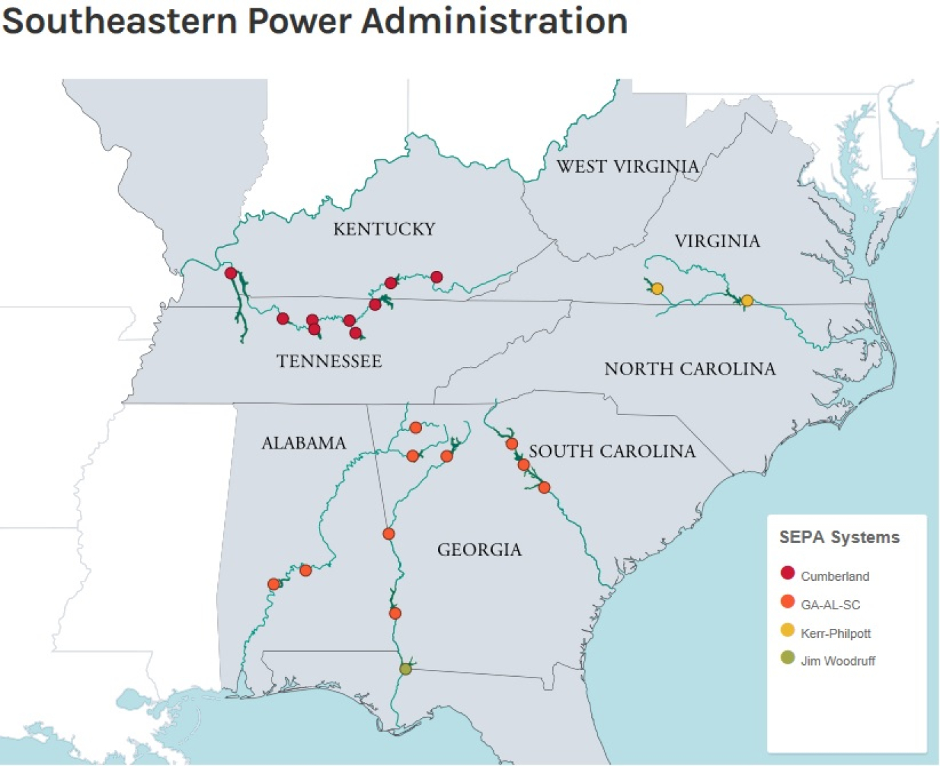 Map of Southeastern's service area with the location of the Hydro electric projects marked