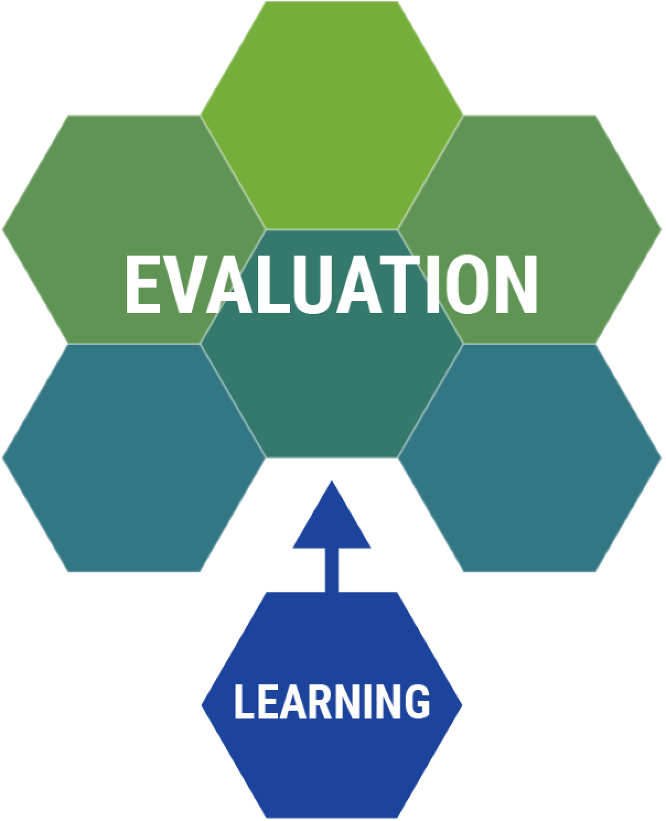 Graphic with polygons and the words "Evaluation" and "Learning."