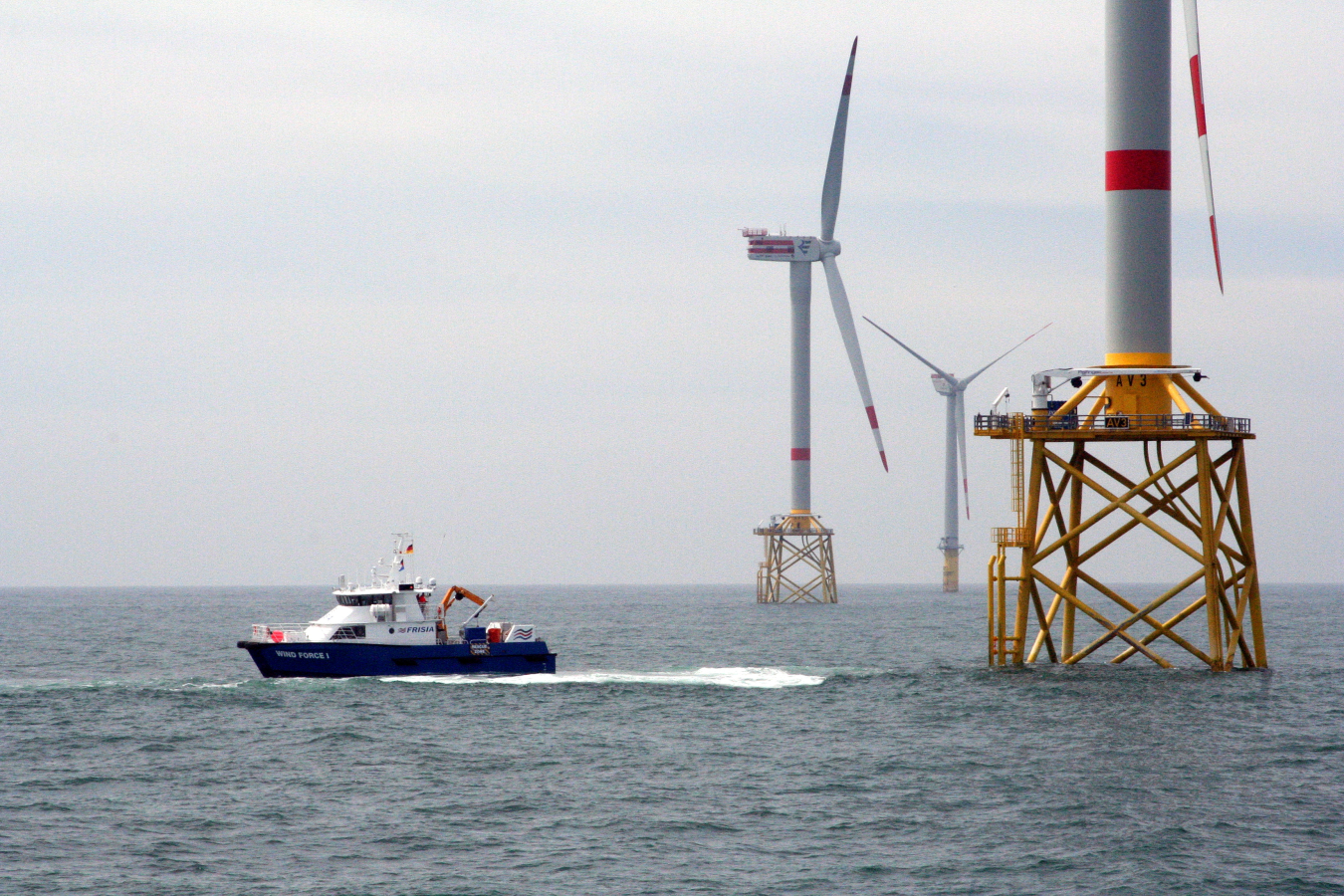 Alpha Ventus showing jacket structures in foreground, monopile in background.