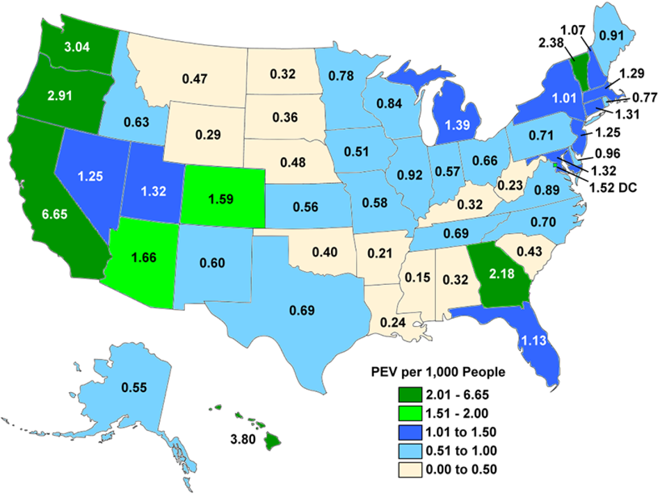 Map of the US showing PEV registrations per 1,000 people in each state.