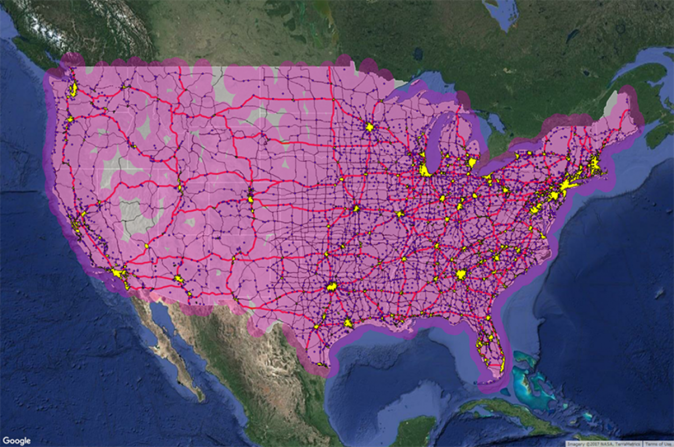 Map of the United States showing national charging station coverage enabled by providing minimum fast-charging station coverage