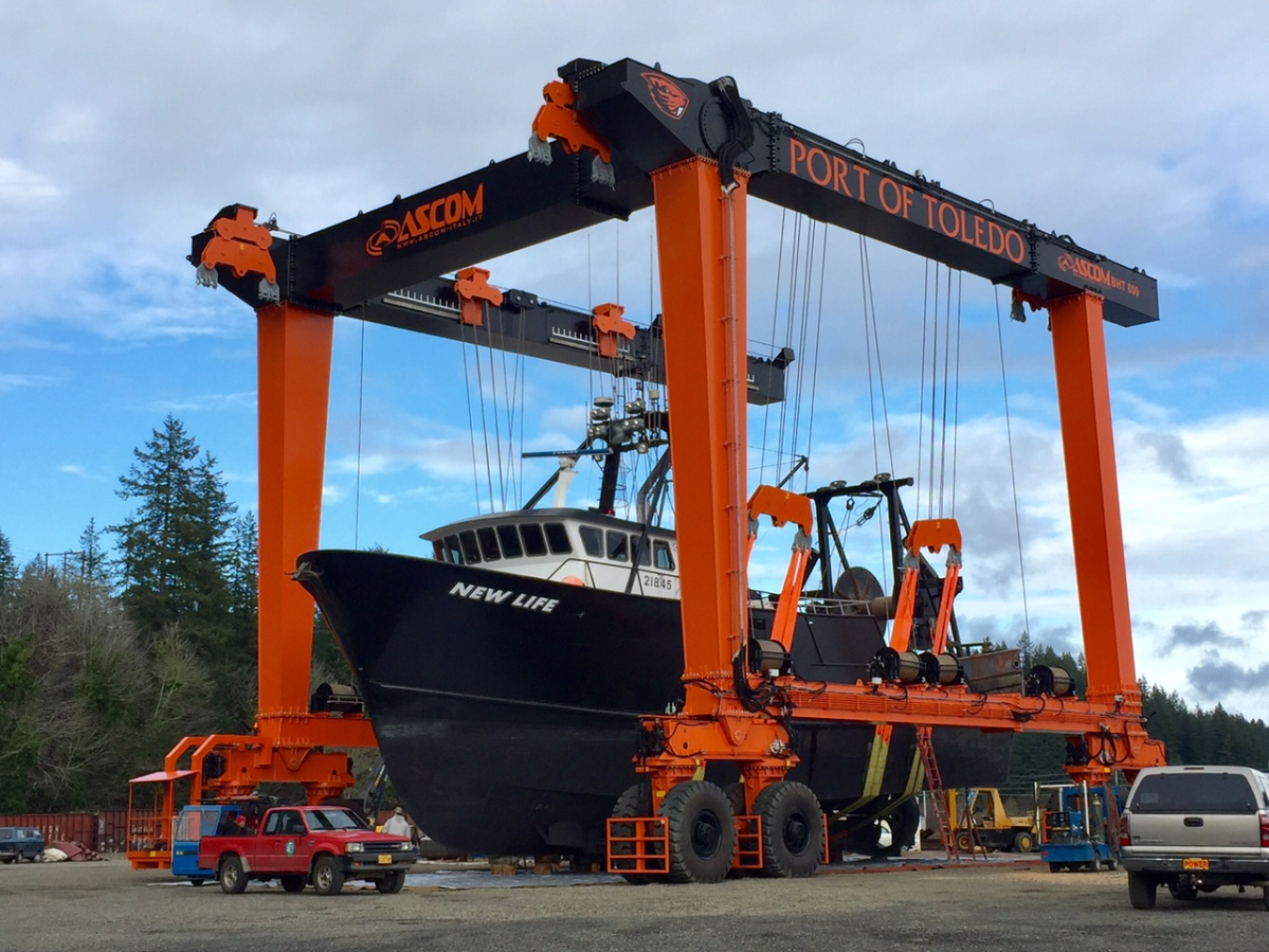 A boat is lifted in the high-capacity lift.