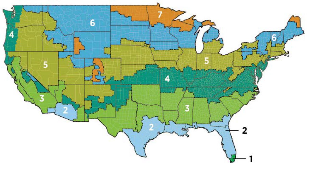 Map of the United States showing recommended R-values for different regions. Please contact consumer.webmaster@nrel.gov if you need assistance reading this map.