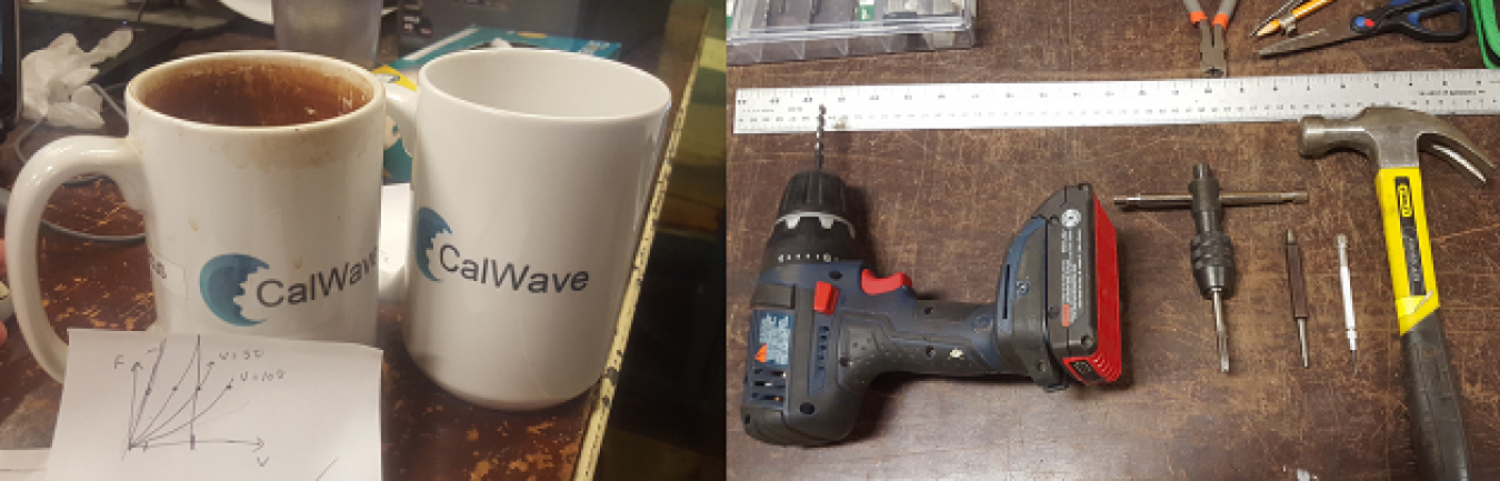 Coffee mugs, and various tools on a table