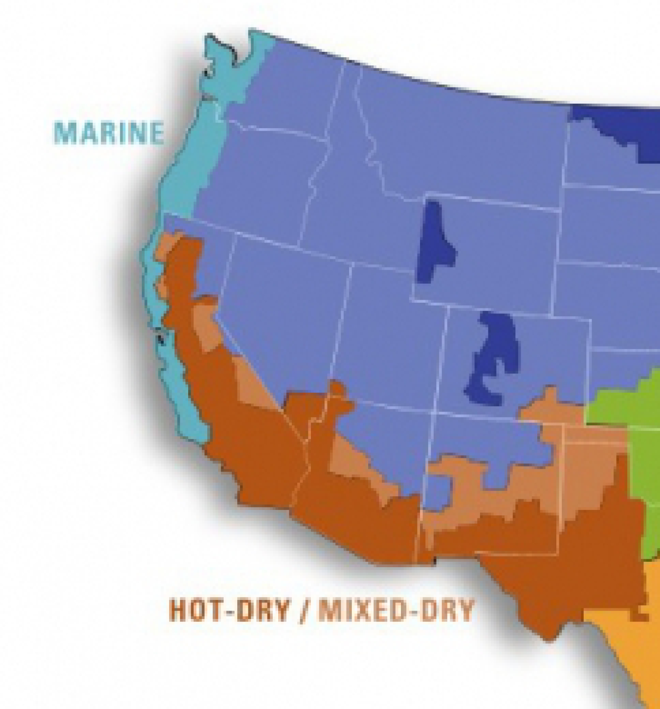 Map of the western United States with the marine and hot-dry / mixed-dry climate zones marked.