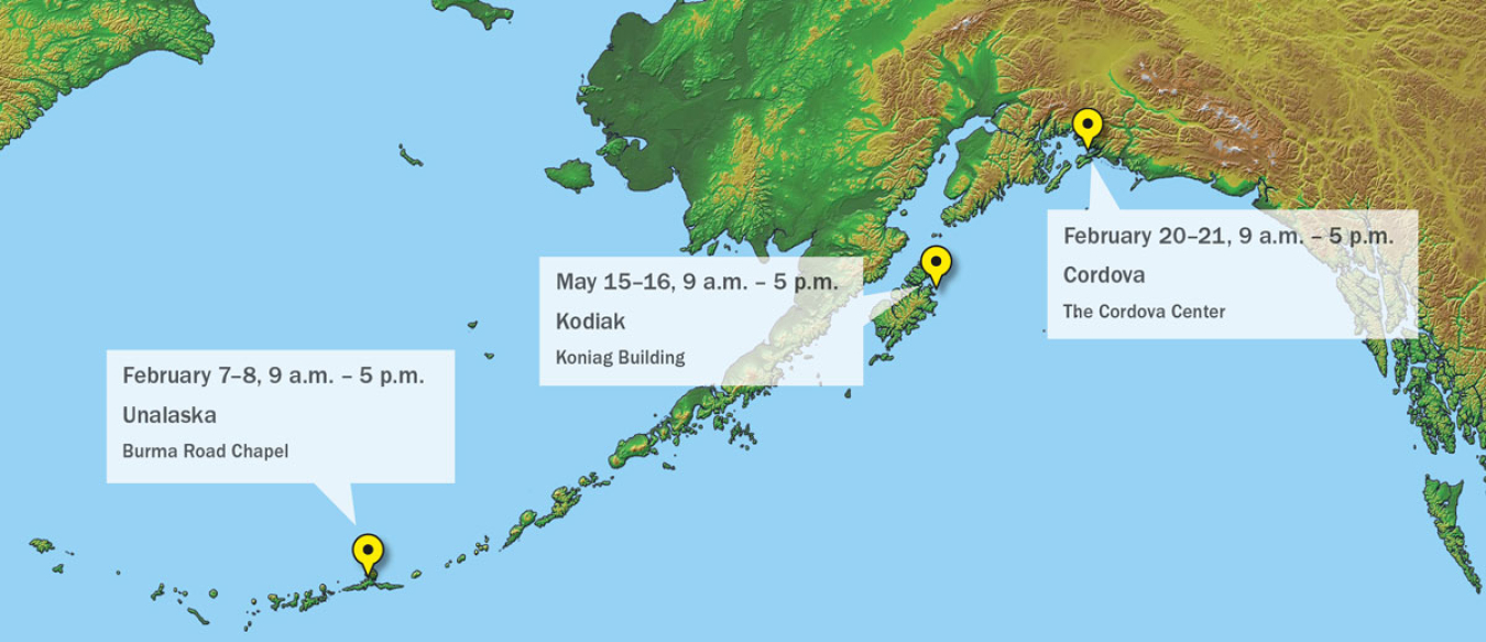 A map of Alaska with the workshop locations.