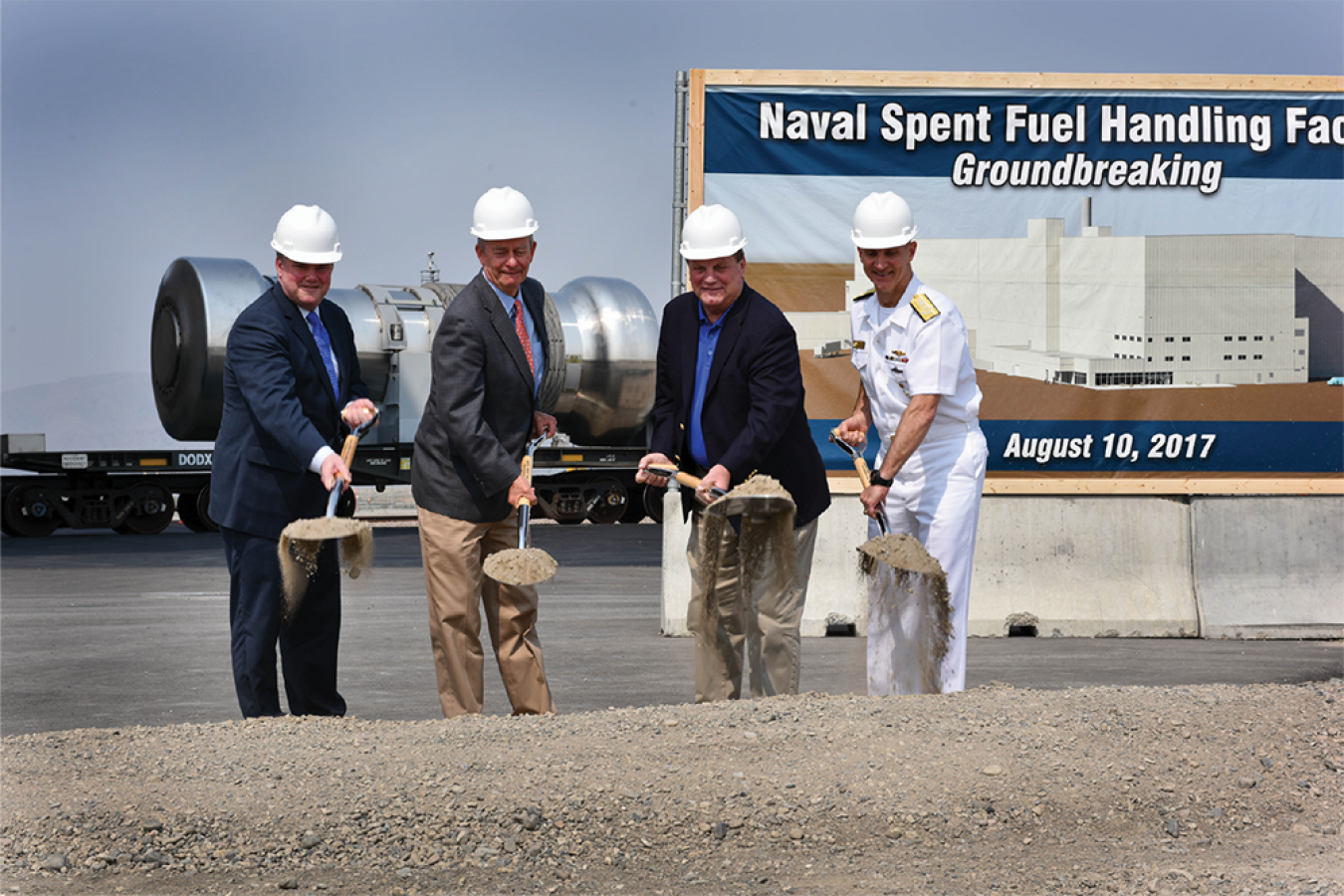 From left, DOE Chief of Staff Brian V. McCormack, Idaho Lt. Gov. Brad Little, U.S. Rep. Michael K. Simpson, and Naval Nuclear Propulsion Program Director Adm. Frank Caldwell at the Naval Spent Fuel Handling Facility groundbreaking