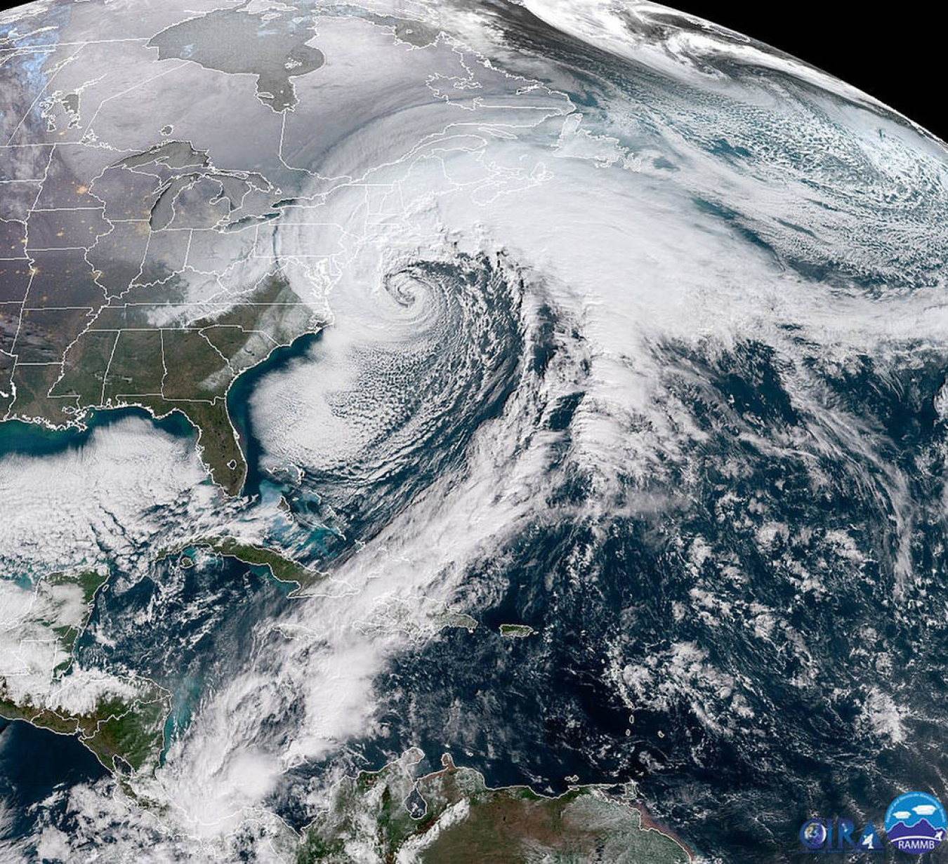 Satellite image of Bomb Cyclone striking the northeast