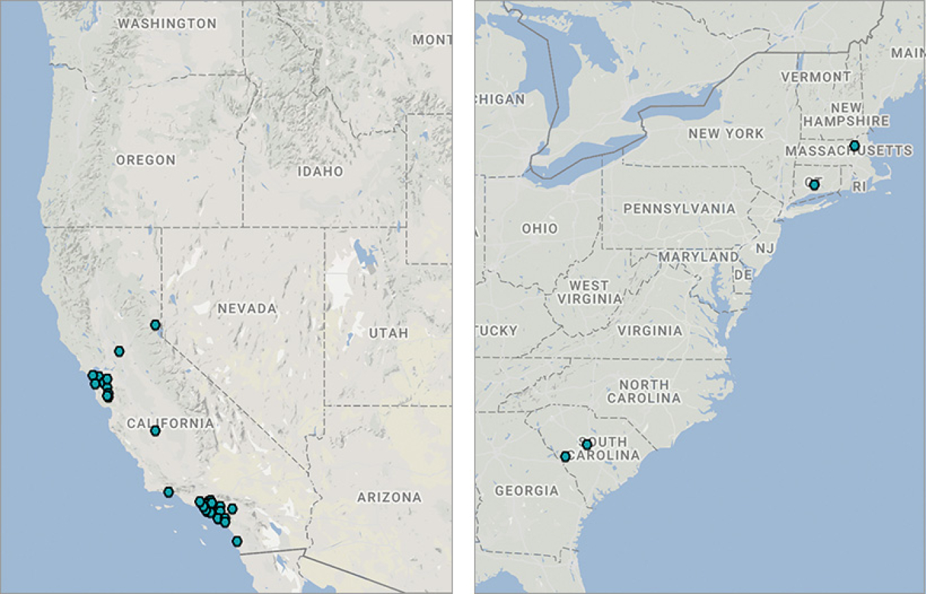 The map for California shows that most of the hydrogen stations are clustered in the San Francisco and Los Angeles areas. The map for the East Coast shows two hydrogen stations in South Carolina, one in Connecticut, and one in Massachusetts.