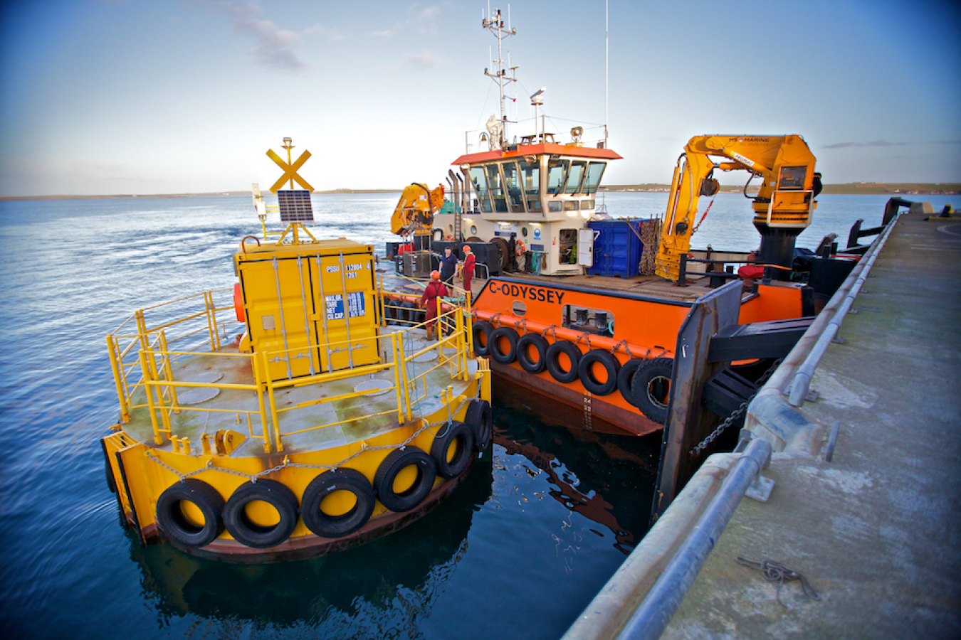 A rig prepares a test support buoy at the EMEC.