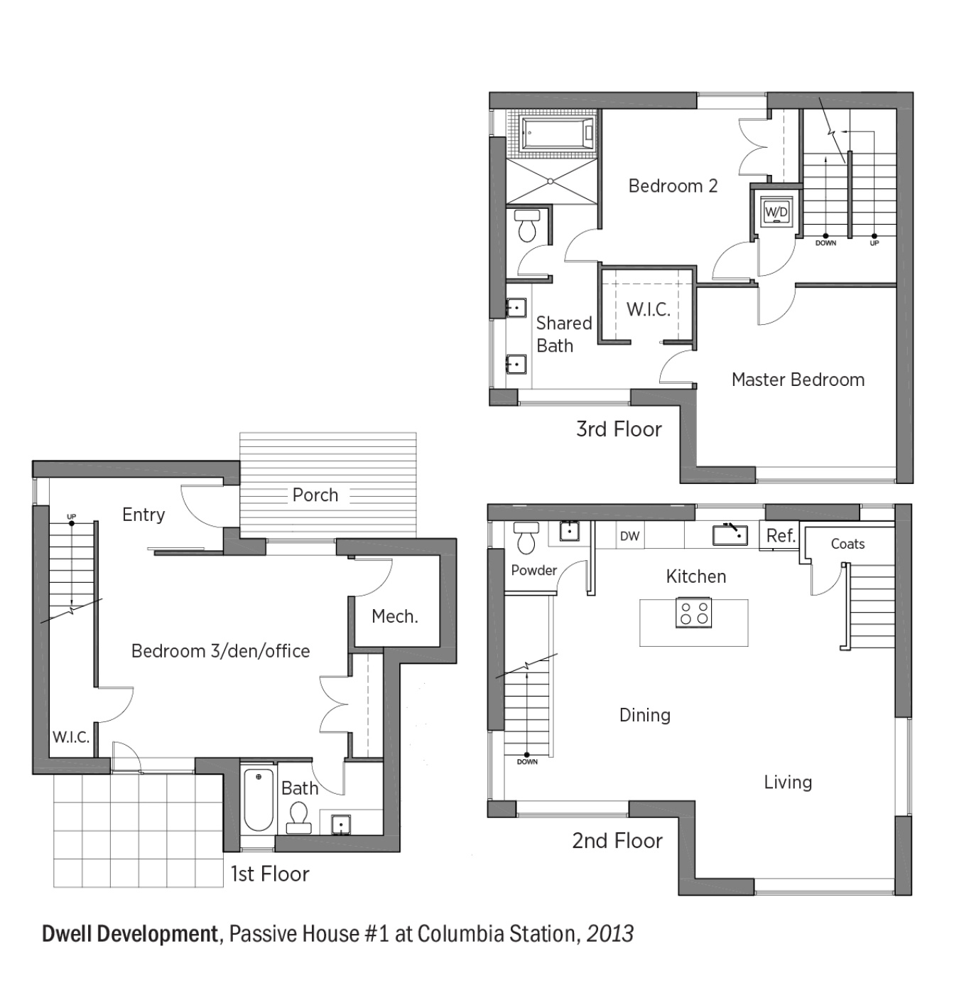 DOE Tour of Zero: Passive House #1 at Columbia Station by Dwell Development floorplans.
