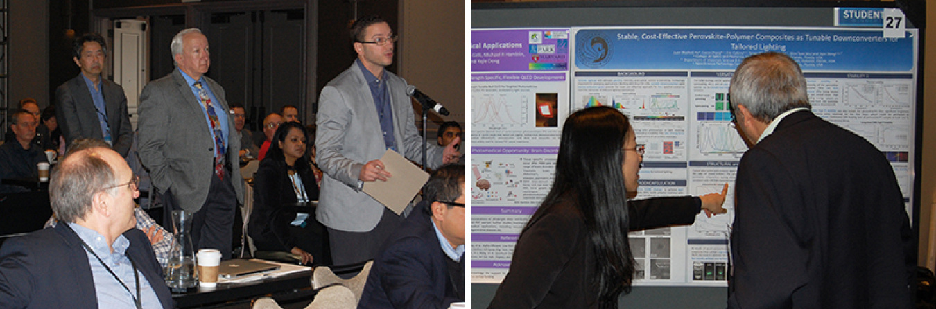 Two photos from the 2018 SSL R&D Workshop showing a Q&A session and a technical poster.