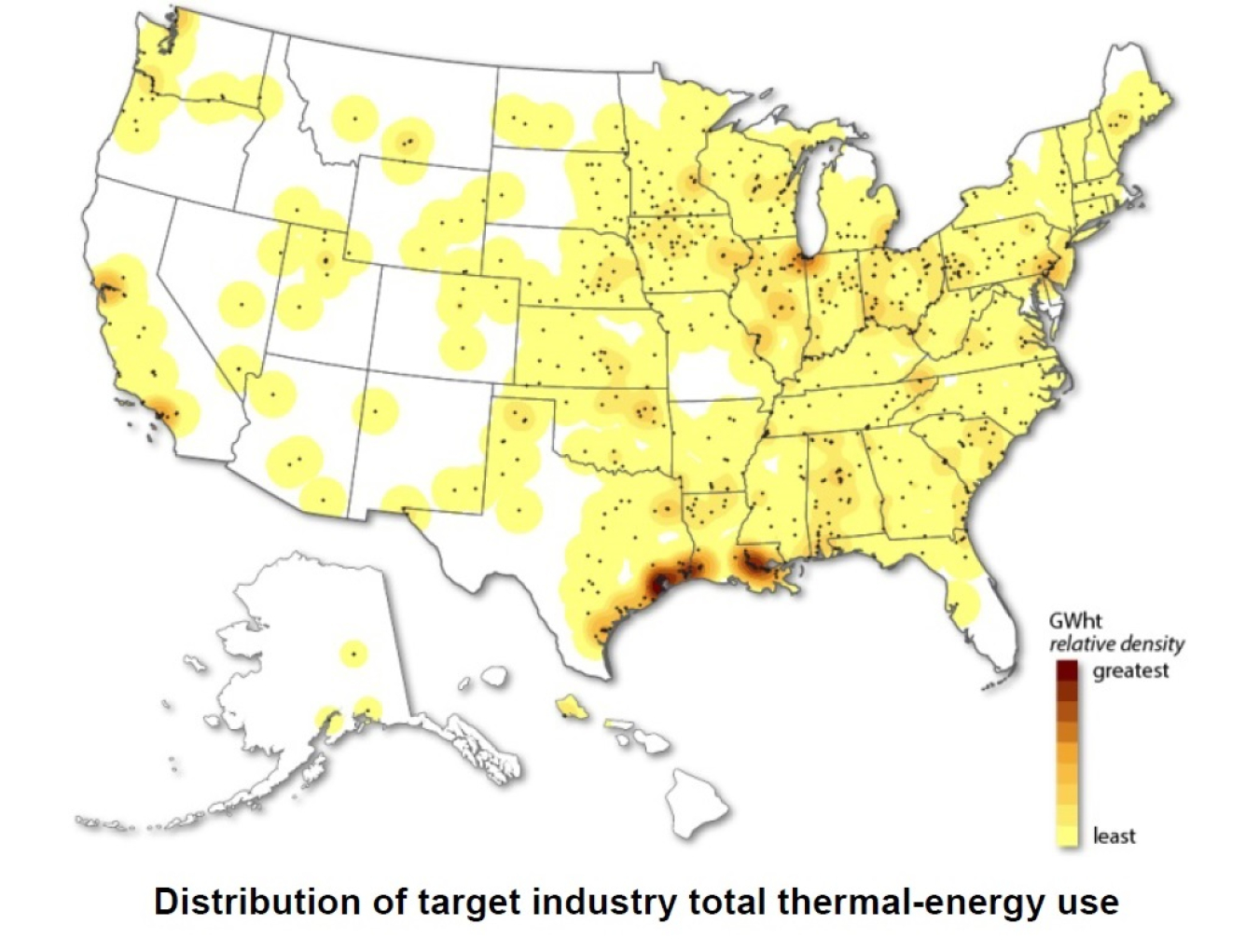 Distribution of target industry total thermal-energy use throughout the United States