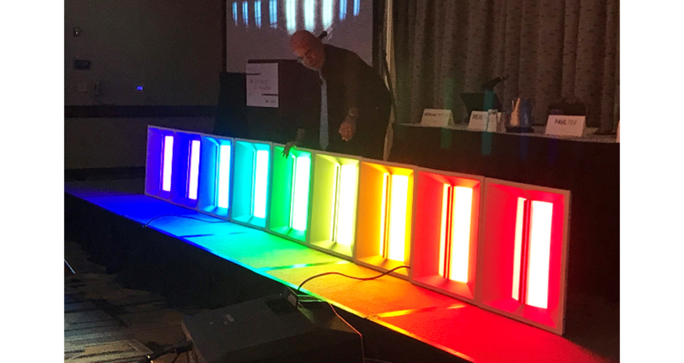 Steve Paolini of Telelumen shared a demonstration illustrating the tradeoffs that come with controlling light source spectra.