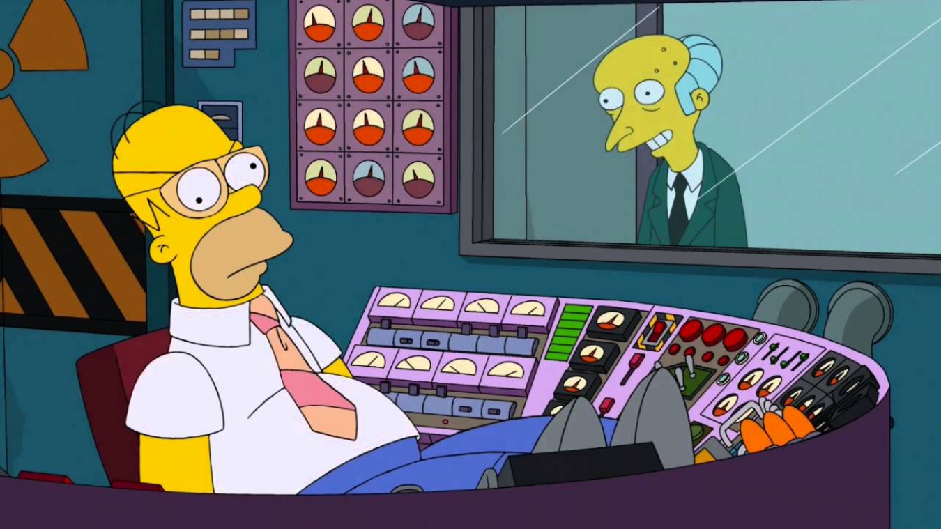 Homer Simpsons sleeps in the control room as Mr. Burns looks on