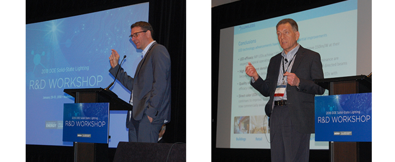 Matthias Sabathil (left) encouraged attendees to “look beyond the lumen” and keep innovation at the forefront. Werner Goetz (right) recapped LED technology advancements ranging from efficacy to color and key focus areas for the future.