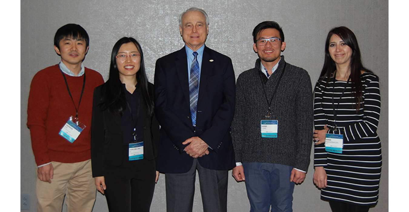 Lighting program manager James Brodrick stands with student poster competition winners. From left: Taehwan Kim, Penn State University; Juan He, University of Central Florida; Brodrick; Kwing Tong, UCLA; Shima Nezhadbadeh, University of New Mexico.