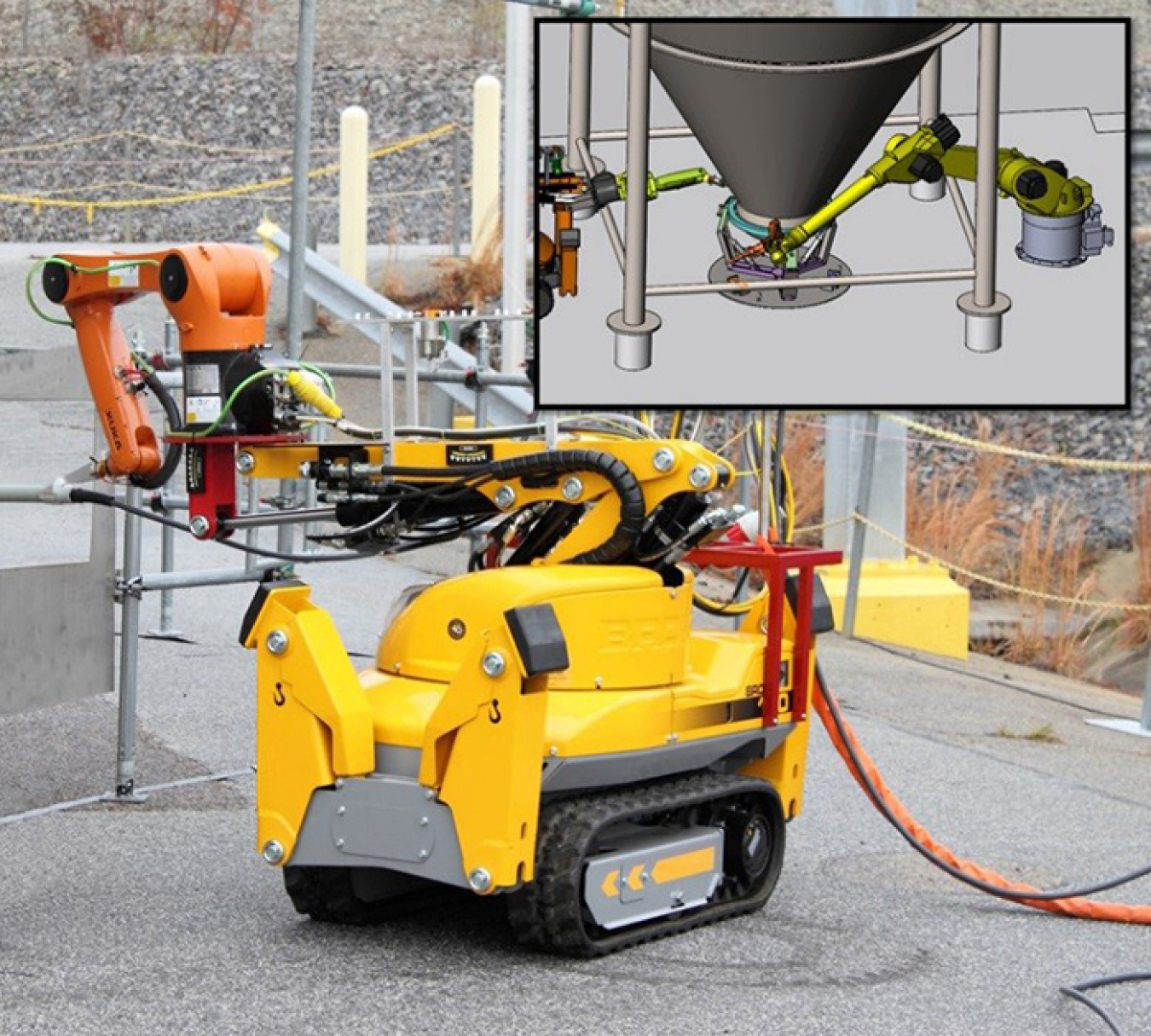 An arm called KUKA and a base called Brokk were joined together to make a robot.