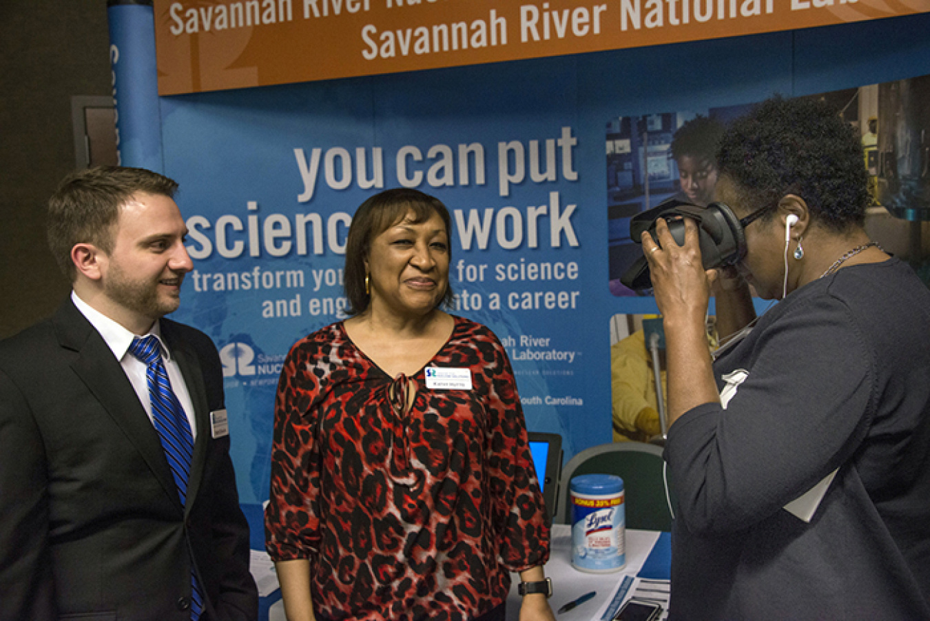SRNS employees Nate Diakun and Kathy Hutto with Twaina Harris (right), director of Academic Advising and Student Engagement at Claflin University.
