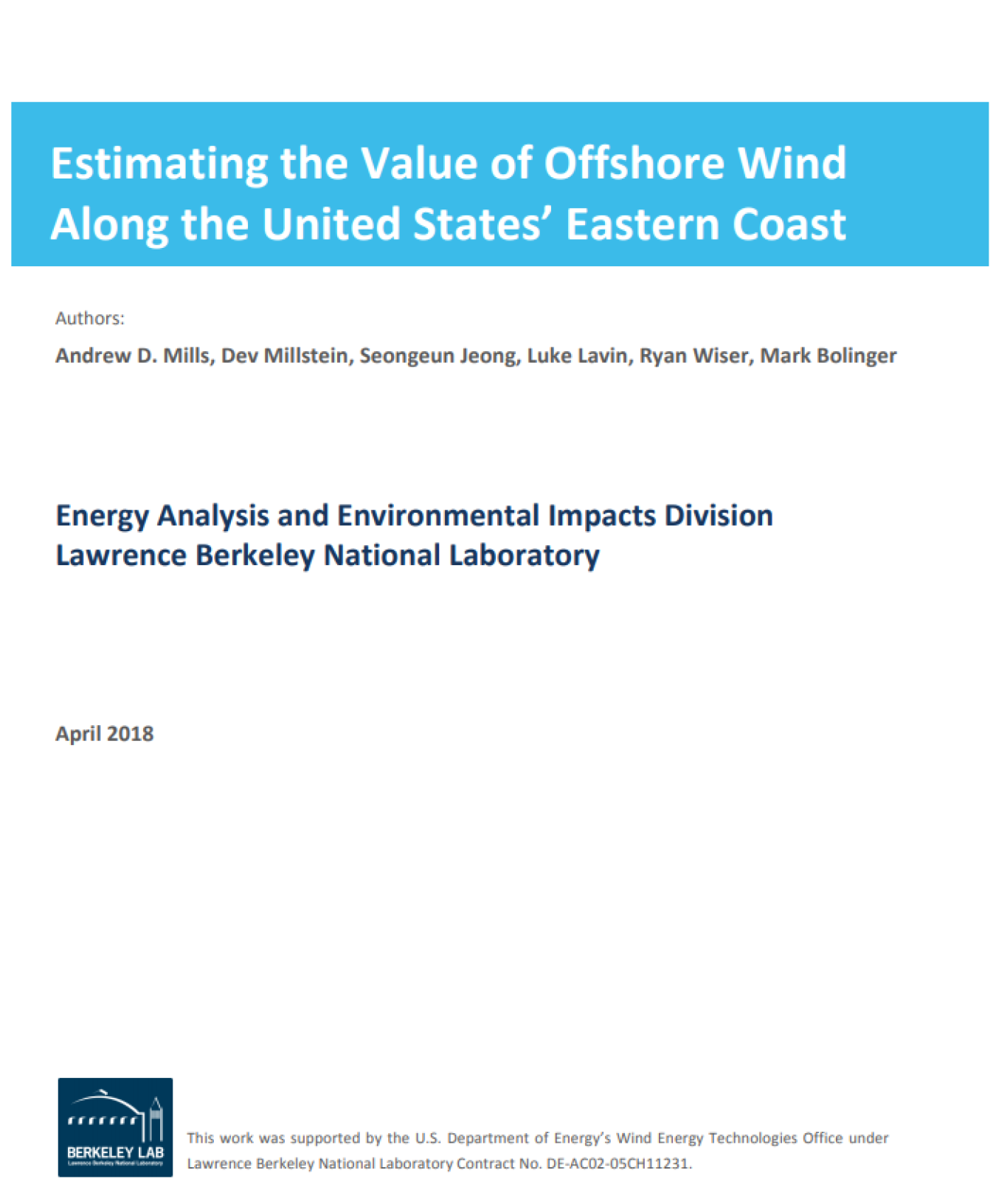 Cover of Estimating the Value of Offshore Wind Along the United States' Eastern Coast.