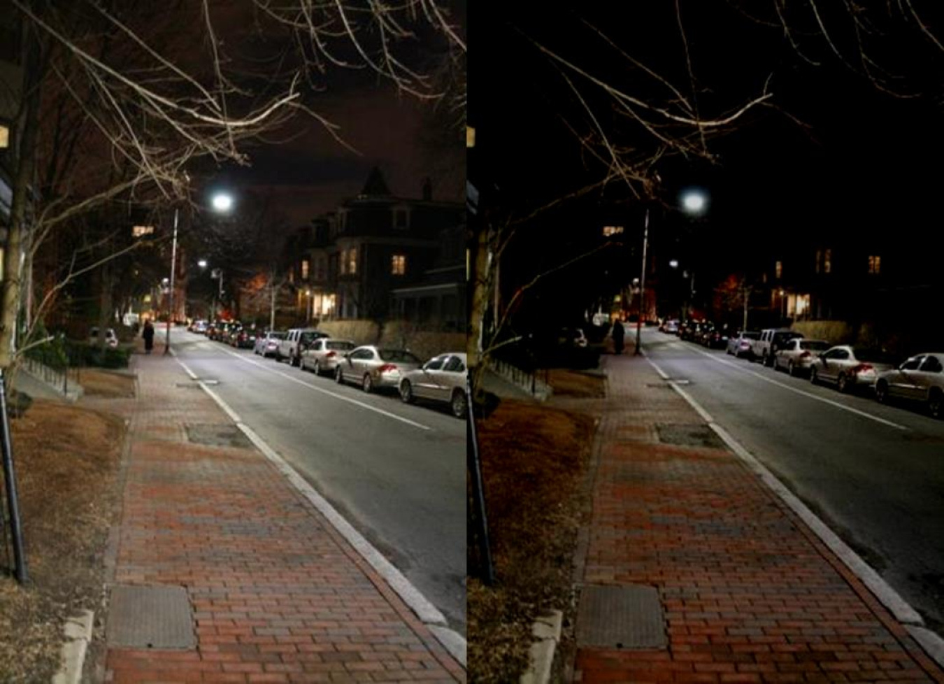 Figure 8. 4000 K LED Street Lighting System in Cambridge, MA, shown at initial startup at dusk (left) and 50% dimmed after midnight (right). Photos: WSP | Parsons Brinckerhoff