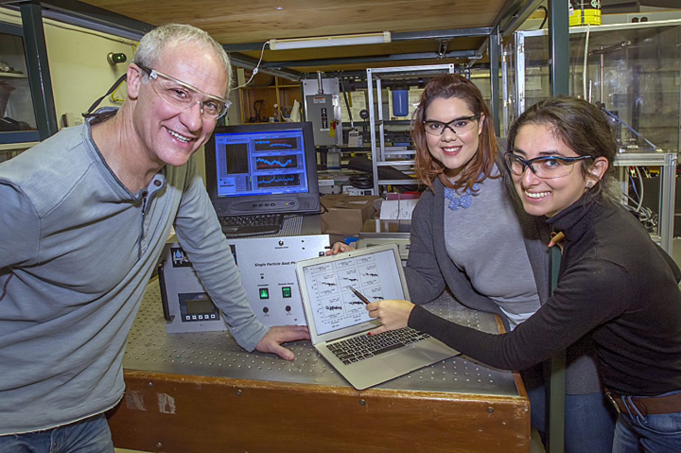 From left: Mentor Art Sedlacek with Fernanda Ramos-Garces and Andrea Ramirez-Puentes in the Environmental & Climate Sciences Department (not pictured: Mentor Ernie Lewis)