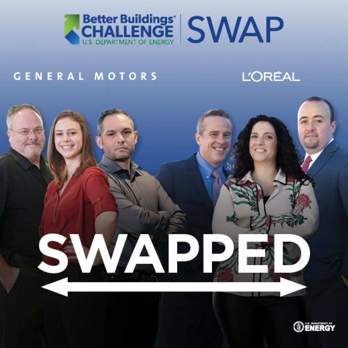 a photo of 6 people, and the word "SWAPPED" over the bottom of them.