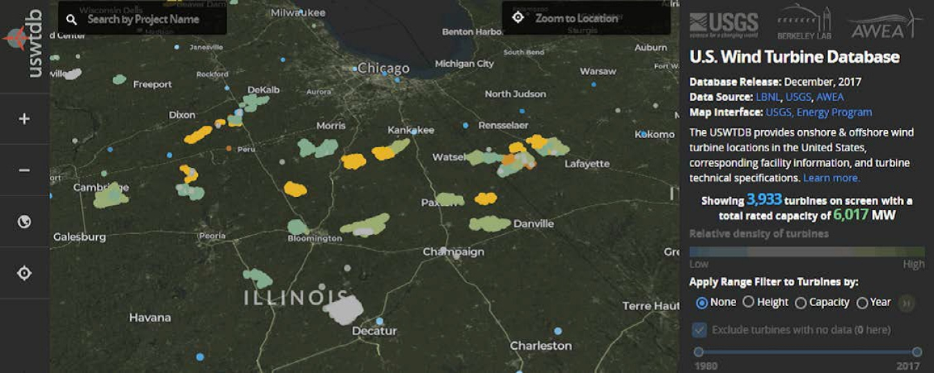 Screenshot from the U.S. Wind Turbine Database showing Iowa.