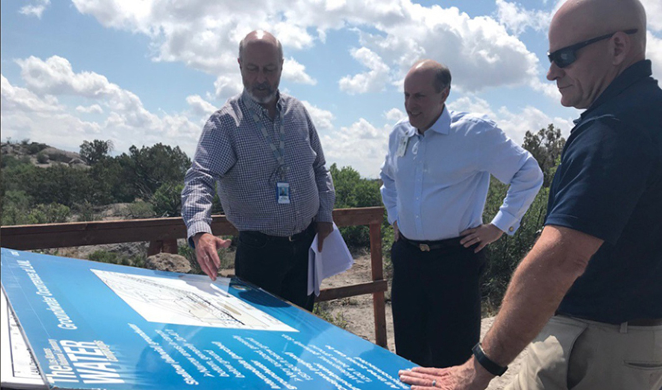 N3B Technical Program Manager Danny Katzman, left, provides an update on the Chromium Project interim measure to DOE Under Secretary for Science Paul Dabbar, center, and Environmental Management Los Alamos Field Office Manager Doug Hintze.