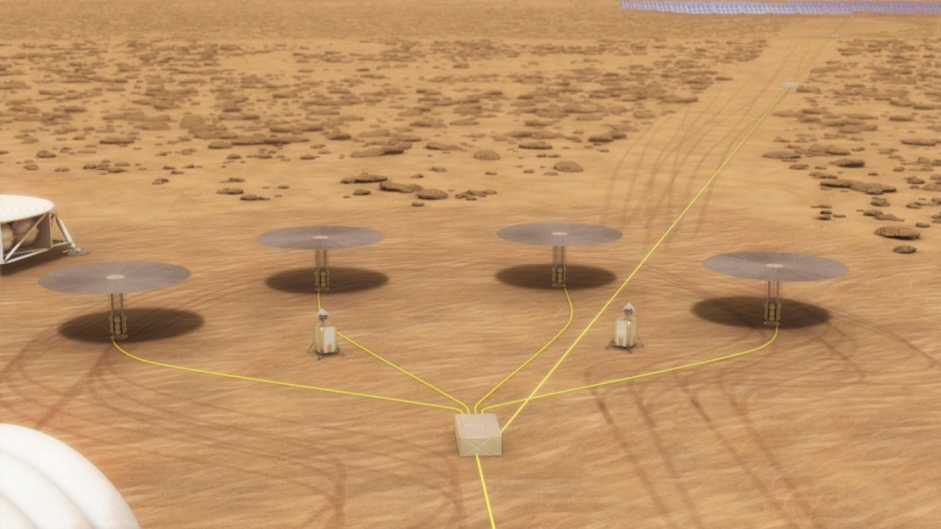 A conceptual drawing of four Kilopower reactors on Mars’ surface.