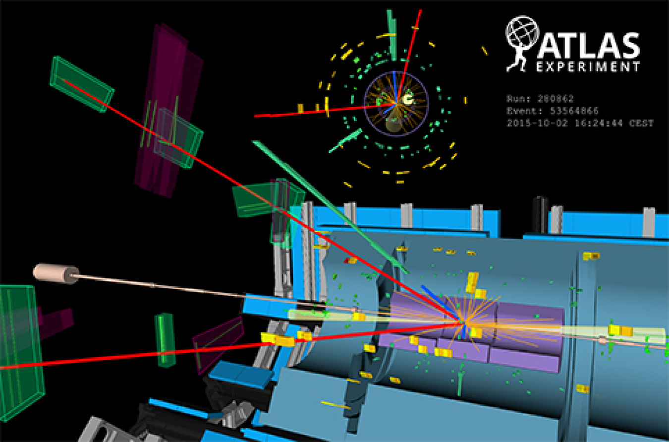 Display of a candidate Higgs boson event from proton-proton collisions recorded by the ATLAS experiment at the LHC at a collision energy of 13 trillion electron volts.